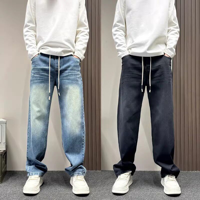 美式高街猫须纹水洗蓝色牛仔裤男款春秋新款宽松直筒裤男士休闲裤