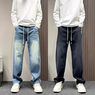 美式高街猫须纹水洗蓝色牛仔裤男款春秋新款宽松直筒裤男士休闲裤