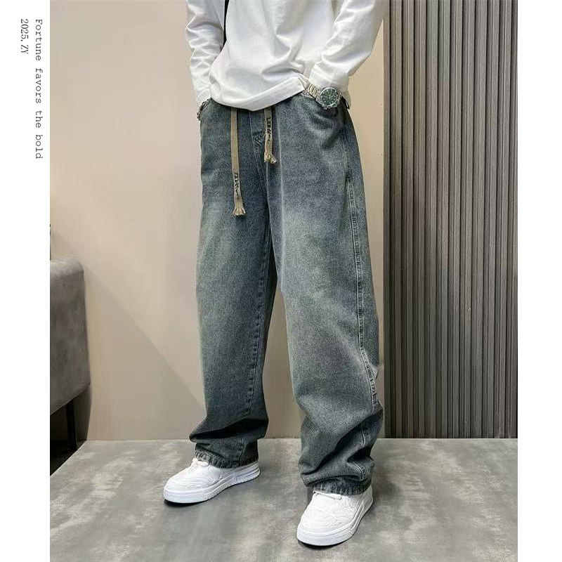 秋冬加绒复古牛仔裤男美式潮牌高个子加长直筒裤痞帅高街阔腿裤