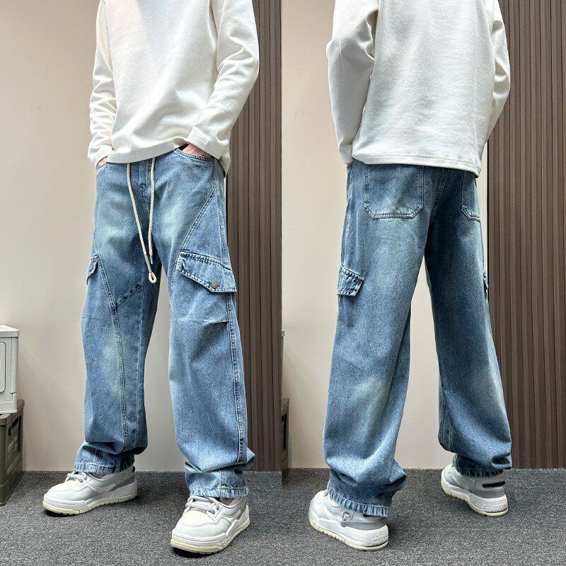 春秋新款松紧腰蓝色水洗弯刀牛仔裤男款宽松直筒裤美式潮牌阔腿裤