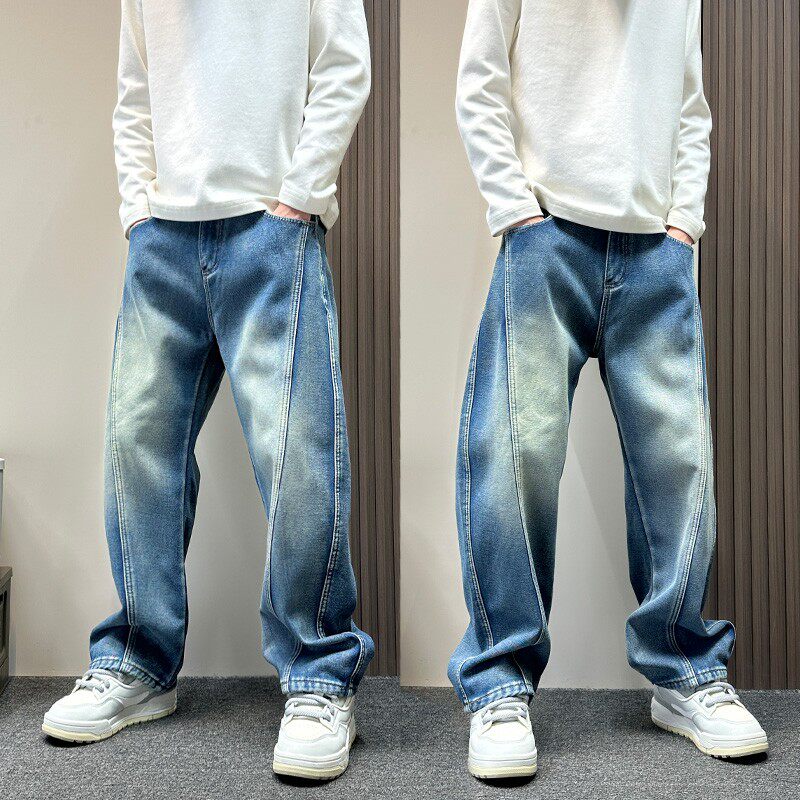 设计感蓝色拼接弯刀牛仔裤男秋冬季加绒宽松直筒裤痞帅潮牌男裤子