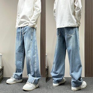 美式高街条纹拼接阔腿牛仔裤男款春秋季宽松直筒柳叶弯刀休闲长裤