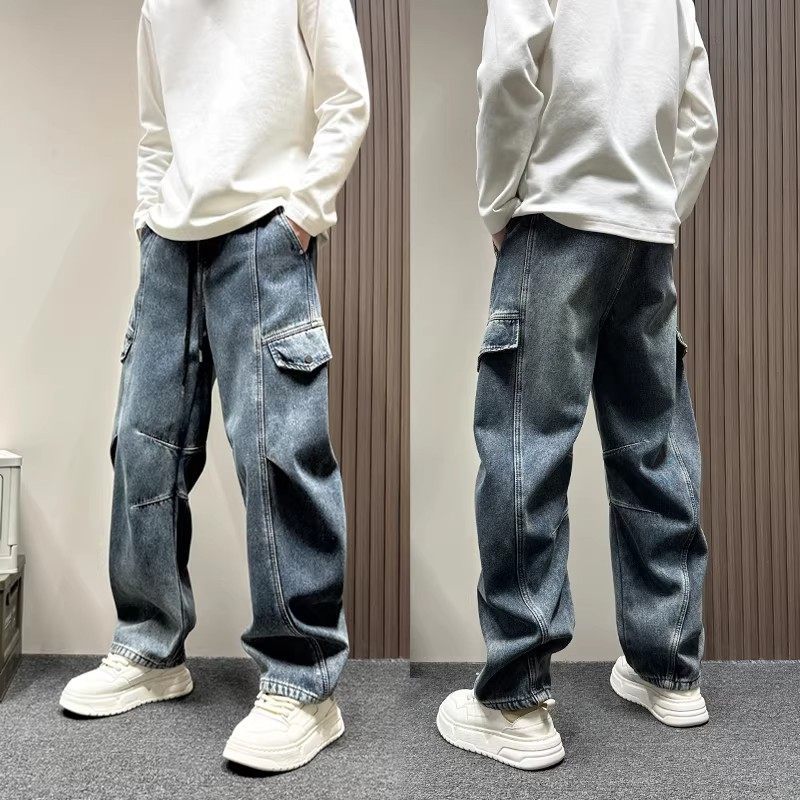 美式复古拼接水洗弯刀牛仔裤男款直筒裤子痞帅潮牌宽松阔腿工装裤