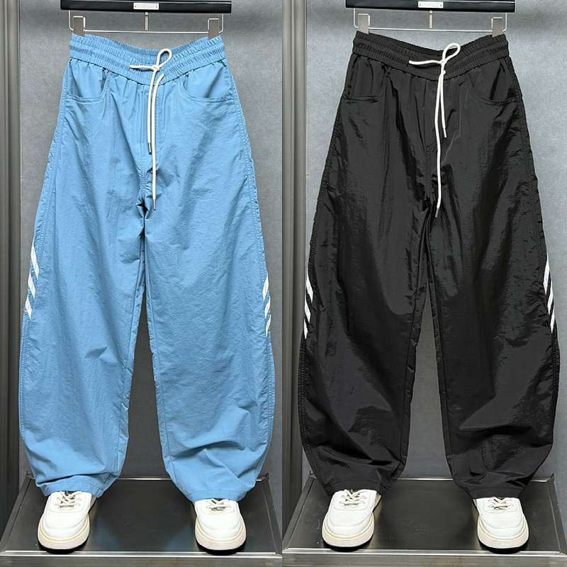 美式条纹撞色速干休闲裤男夏季薄款户外运动潮牌宽松直筒冲锋裤子