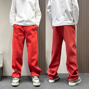 本命年红色休闲裤男款秋冬季宽松直筒运动卫裤高级感潮牌百搭裤子