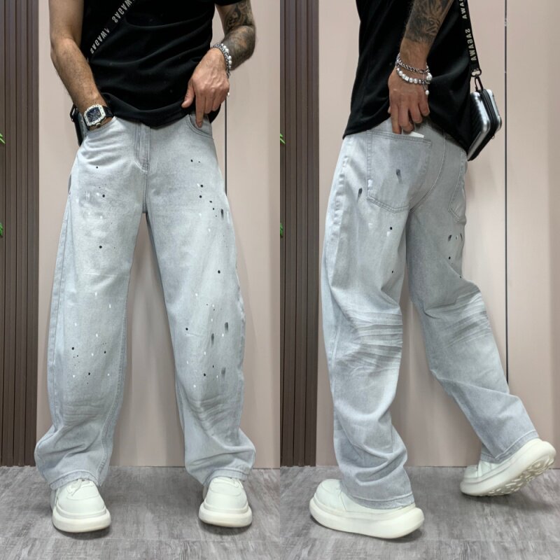 夏季新款油漆点水洗牛仔裤男