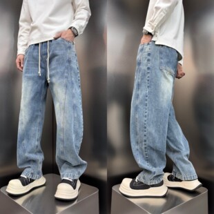 2026春季新款牛仔裤男美式街头做旧阔腿裤潮牌百搭痞帅直筒弯刀裤