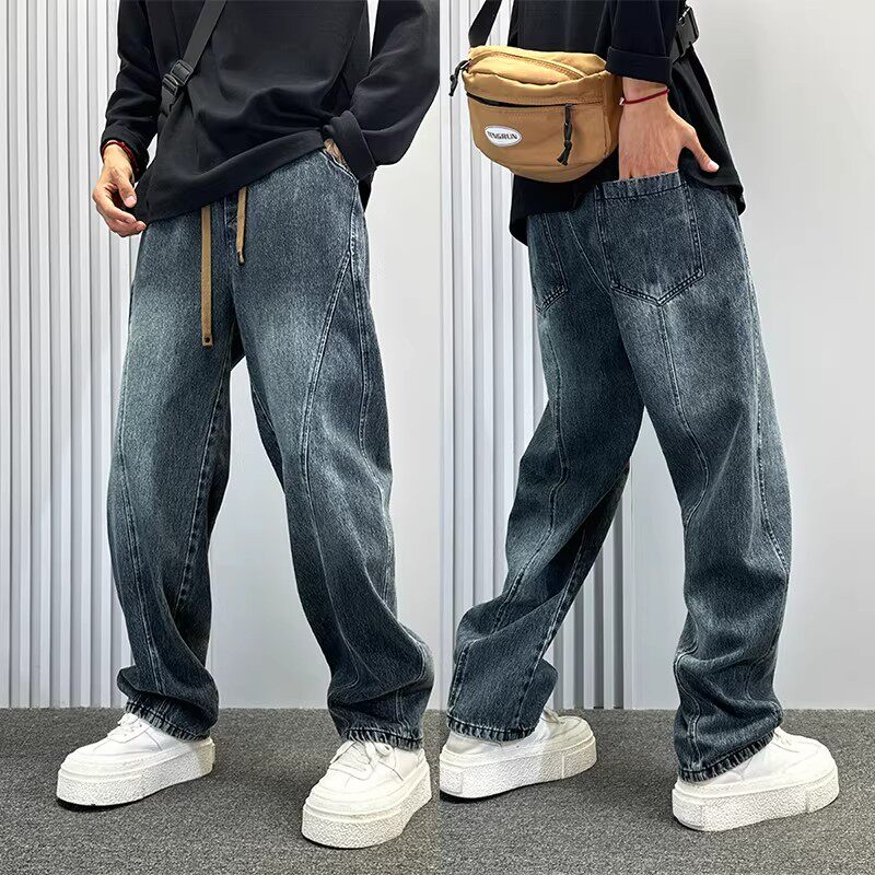 美式高街拼接vibe弯刀牛仔裤男款春秋季宽松直筒裤痞帅潮牌休闲裤