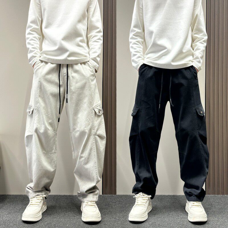 设计感圆月弯刀休闲裤男款春秋季宽松直筒裤子美式多口袋工装裤男