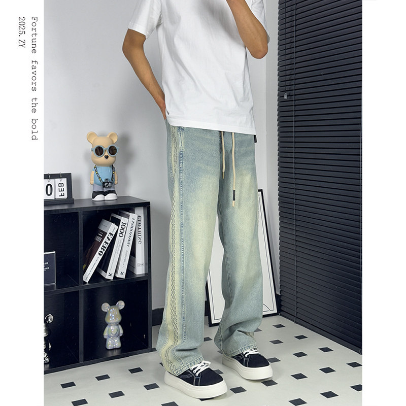 黄泥牛仔裤男款美式微喇春季新款直筒裤爆款百搭做旧高级感休闲裤