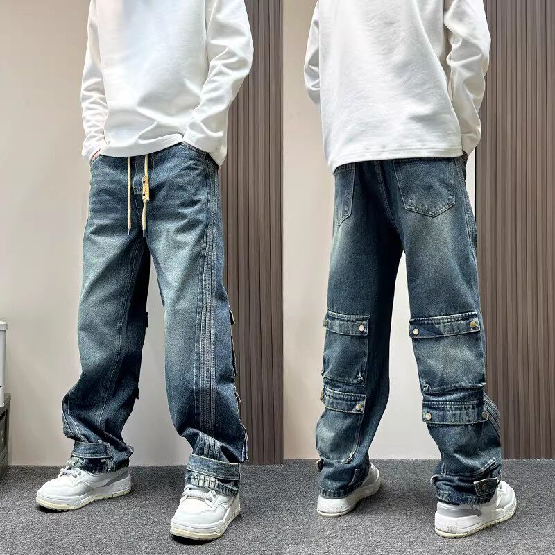 美式高街竖条纹拼接工装牛仔裤男款秋冬季宽松直筒裤痞帅休闲裤子