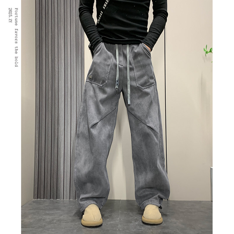 新款冬季加绒裤日系复古工装裤宽松抽绳男生松紧腰机能潮休闲裤