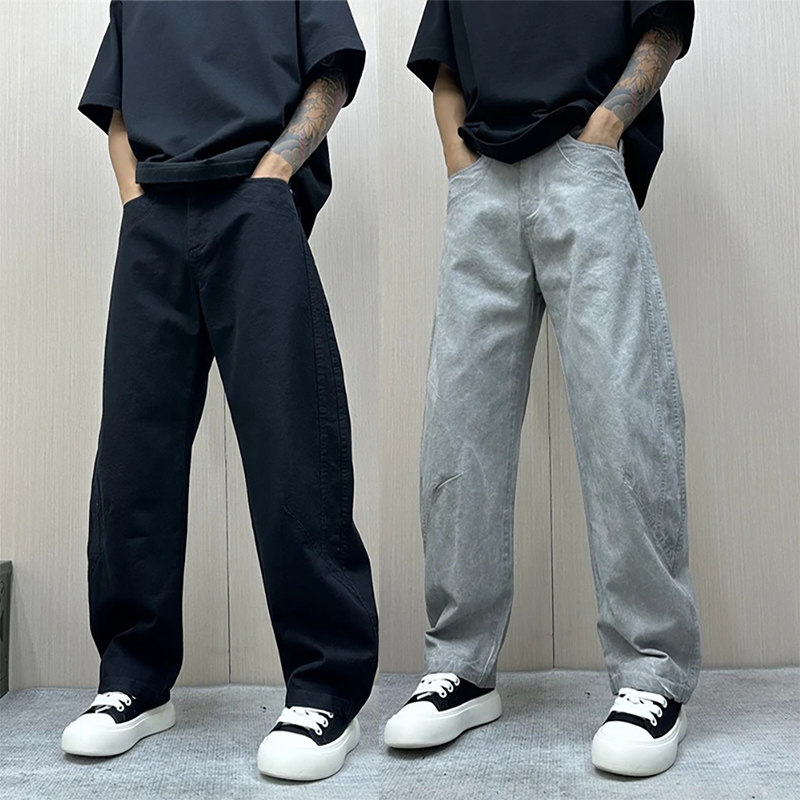 秋季新款宽松直筒牛仔裤男士潮牌高街阔腿裤复古痞帅慵懒风长裤