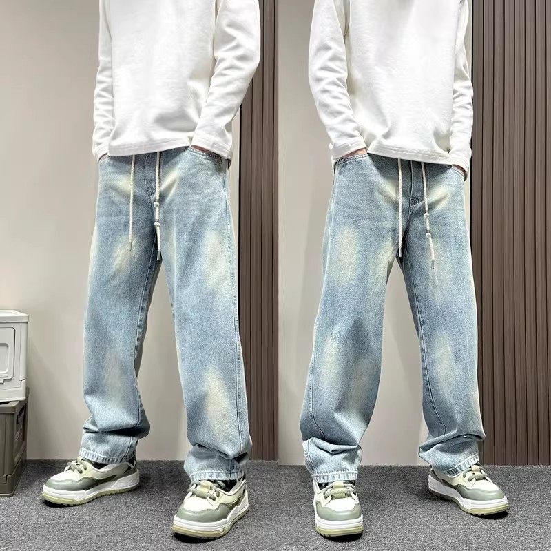 潮牌浅蓝色松紧腰水洗牛仔裤男款秋冬宽松直筒美式潮牌休闲阔腿裤