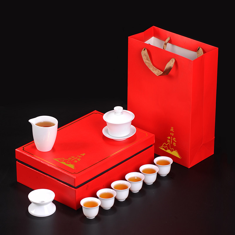 白瓷功夫茶具套装家用盖碗茶杯活动礼品礼盒装定制logo刻字印广告