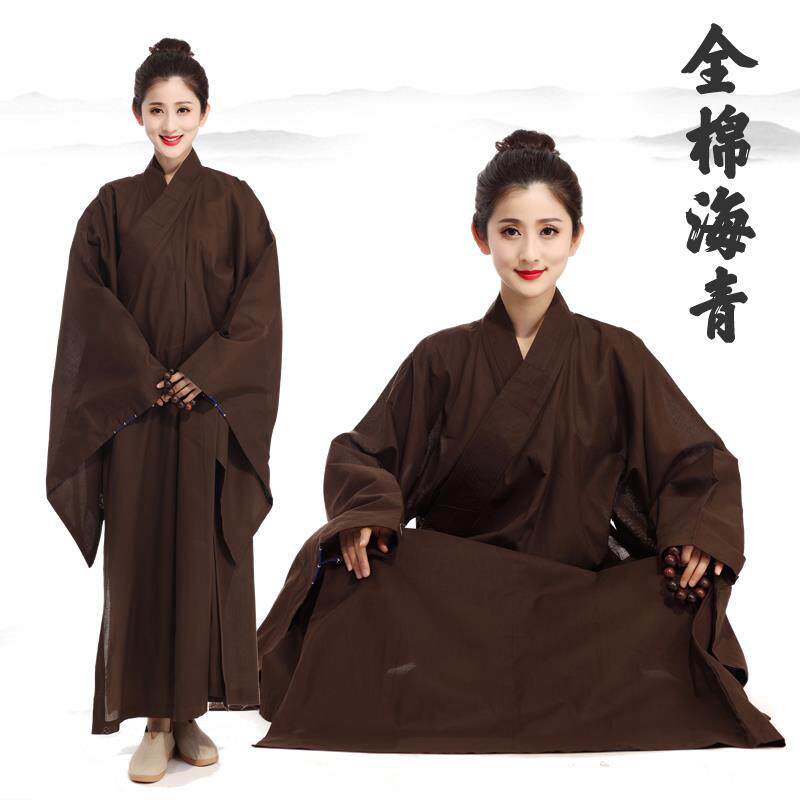 新款全纯棉海青长褂居士服长袖海清禅修僧衣服透气舒适女男同款咖