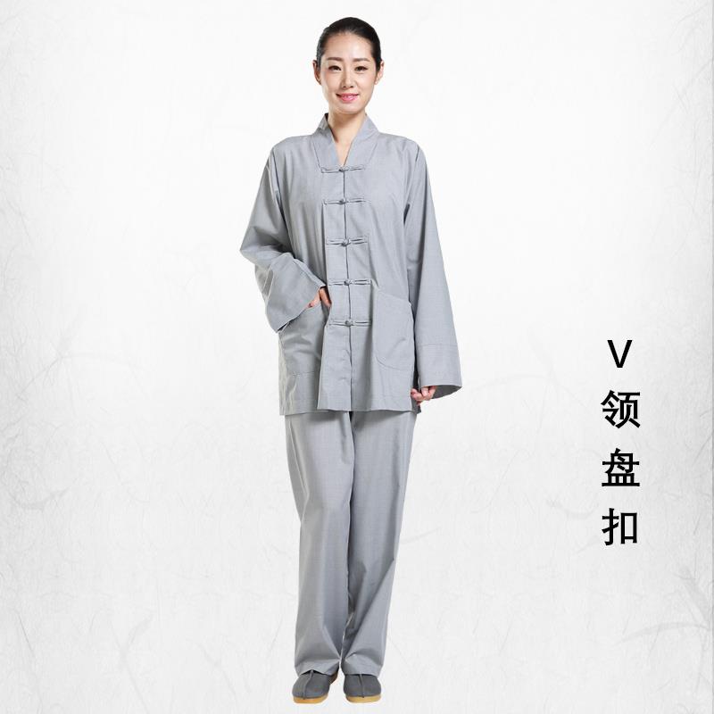 新款海青居士服套装四季传统布扣盘扣中式禅修服女款僧服灰色春夏