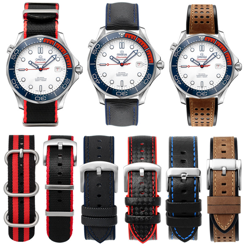 适用欧米茄海马系列真皮表带007指挥官限量款 防水硅胶尼龙带20mm