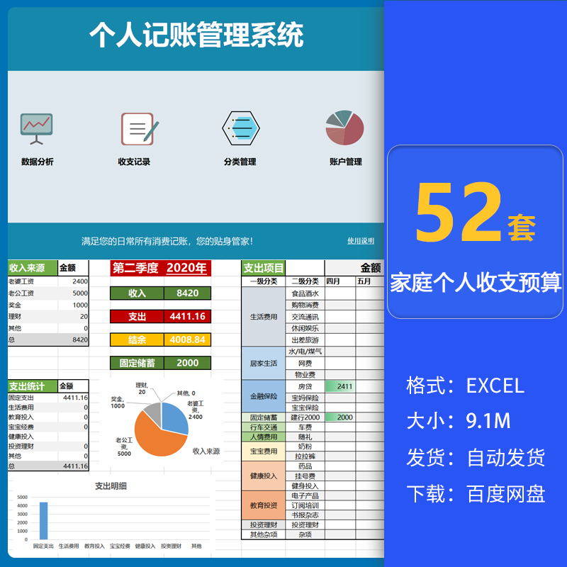 家庭账本年度分析表个人花销月度费用收支记账管理系统excel表格