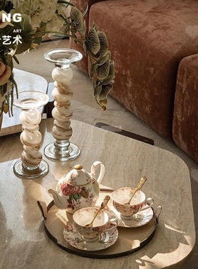 空合 中古风琉璃烛台托盘 软装搭配样品房会所洽谈区客厅茶几摆件
