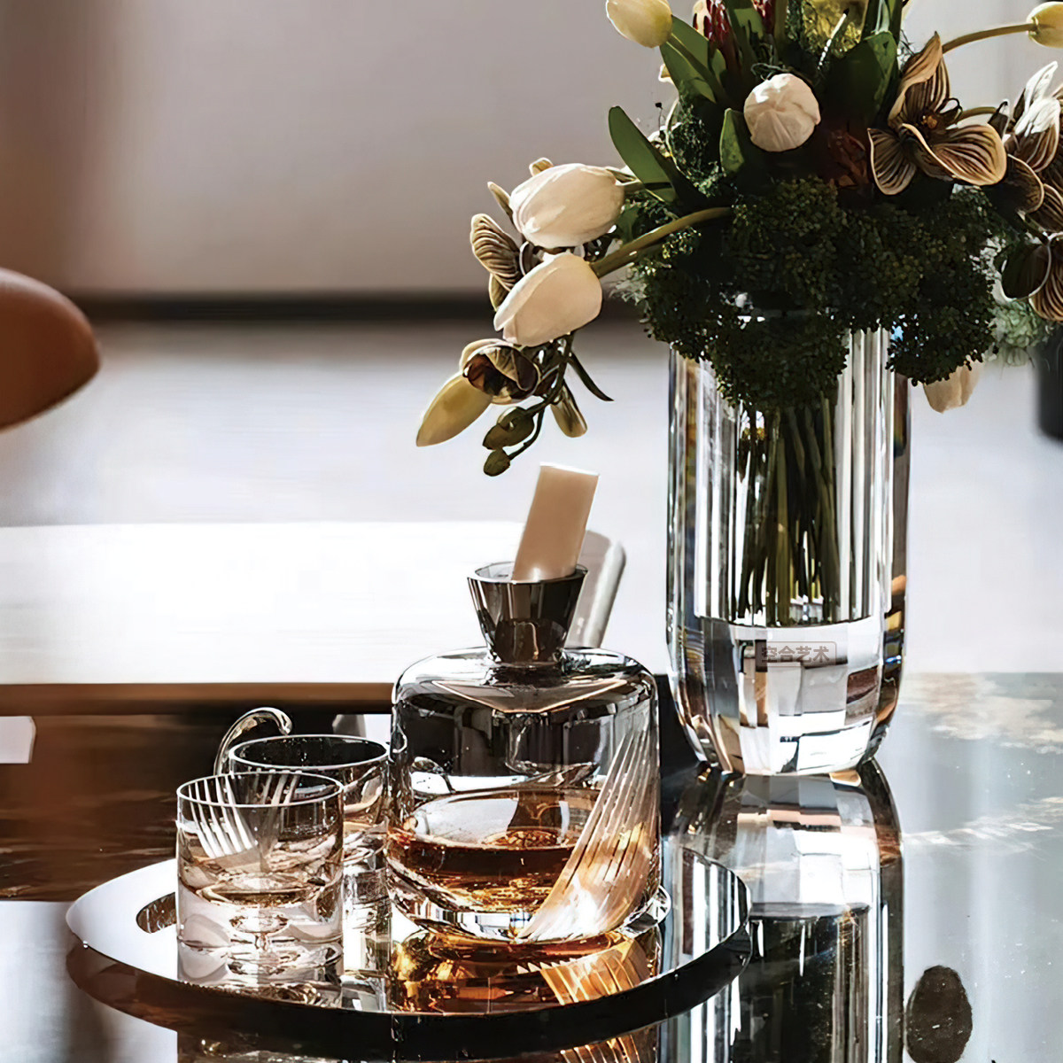 空合 现代轻奢仿真花搭配玻璃红酒具组合 样板间客厅餐厅酒柜摆件