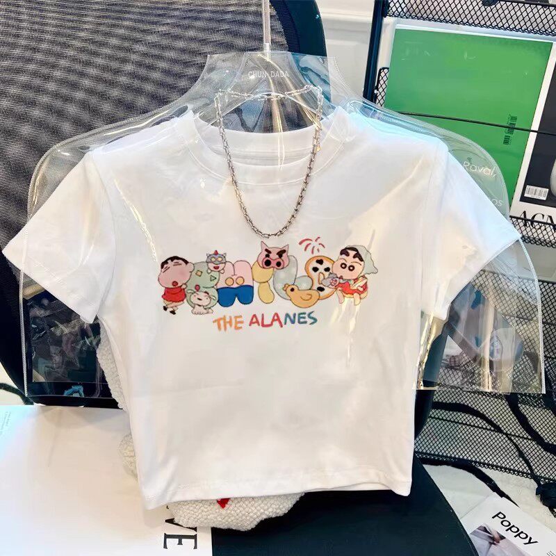 女童白色高腰短袖t恤女夏季多巴胺穿搭中大童短款体恤纯棉半袖