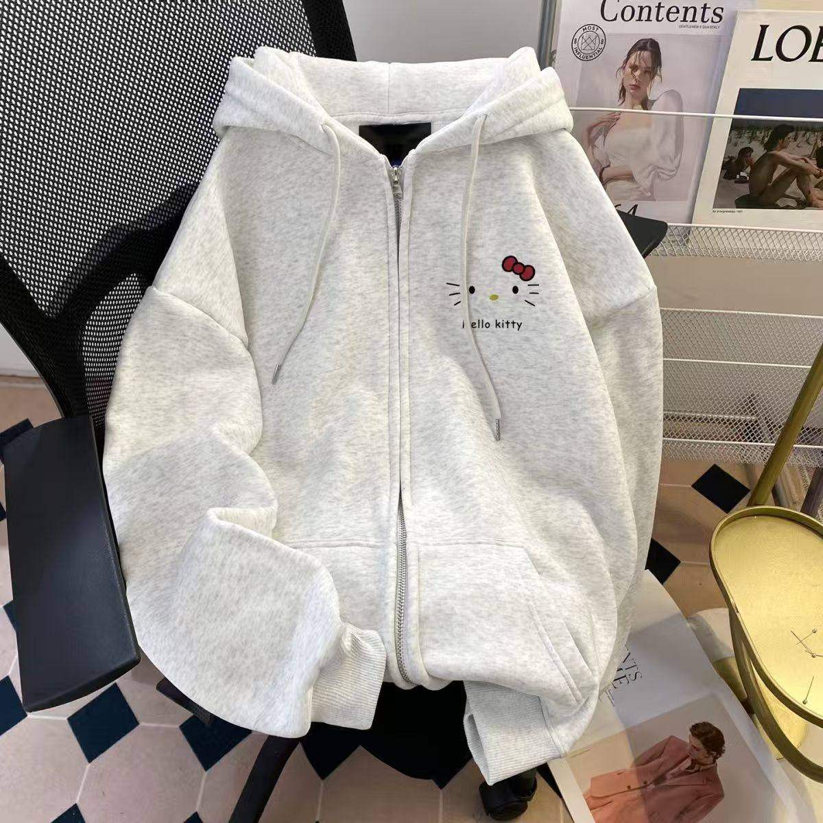 纯棉女童卡通凯蒂猫连帽卫衣2025新款秋冬中大童加绒开衫拉链外套