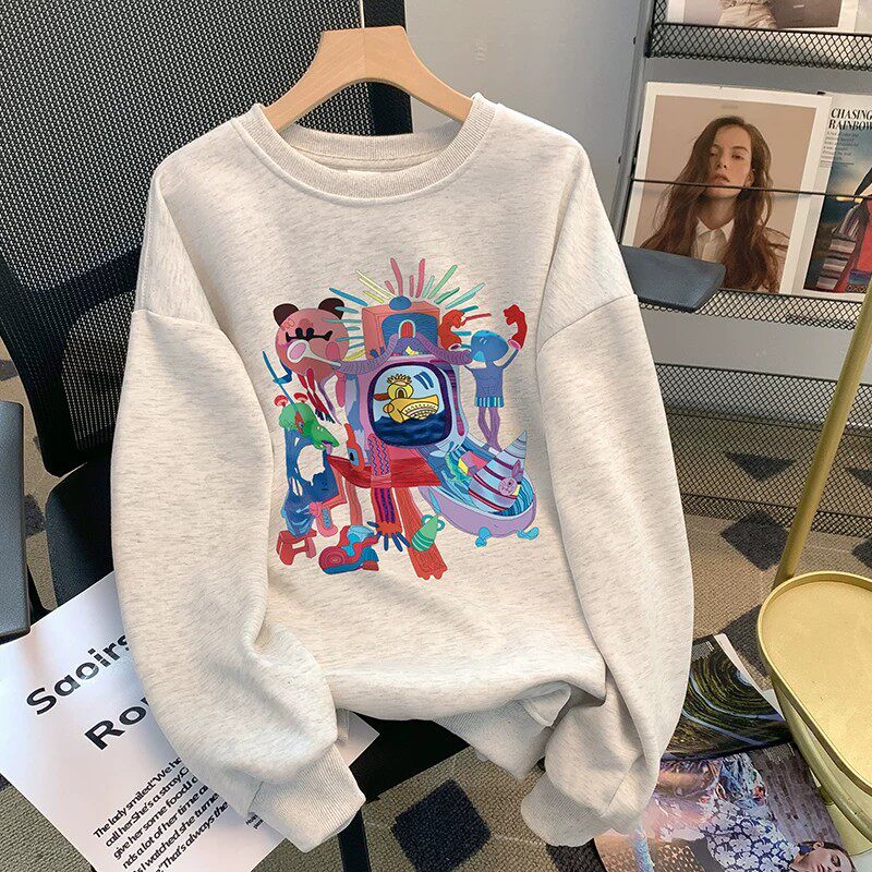 女童秋冬装加绒加厚花灰色圆领中大童卫衣儿童无帽宽松慵懒风上衣