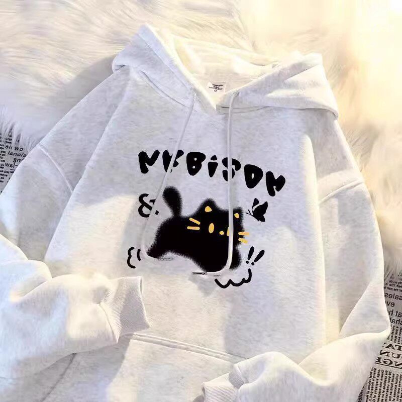 纯棉女童连帽美式复古风卫衣加绒洋气卡通猫咪衣服加厚上衣外穿潮