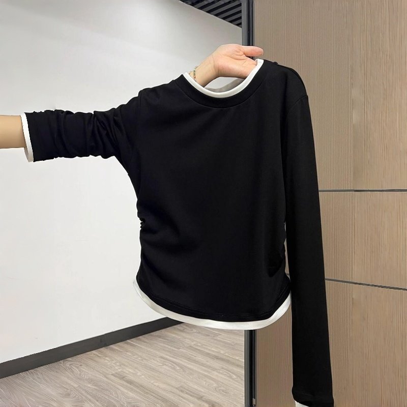 女童纯棉假两件圆领拼接长袖内搭女秋装正肩修身中大童打底衫上衣