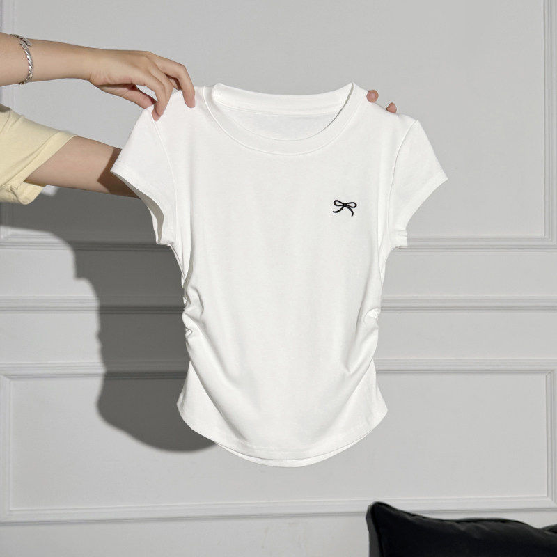 纯棉女童T恤短款正肩圆领中大童短袖儿童夏季褶皱收腰修身小上衣