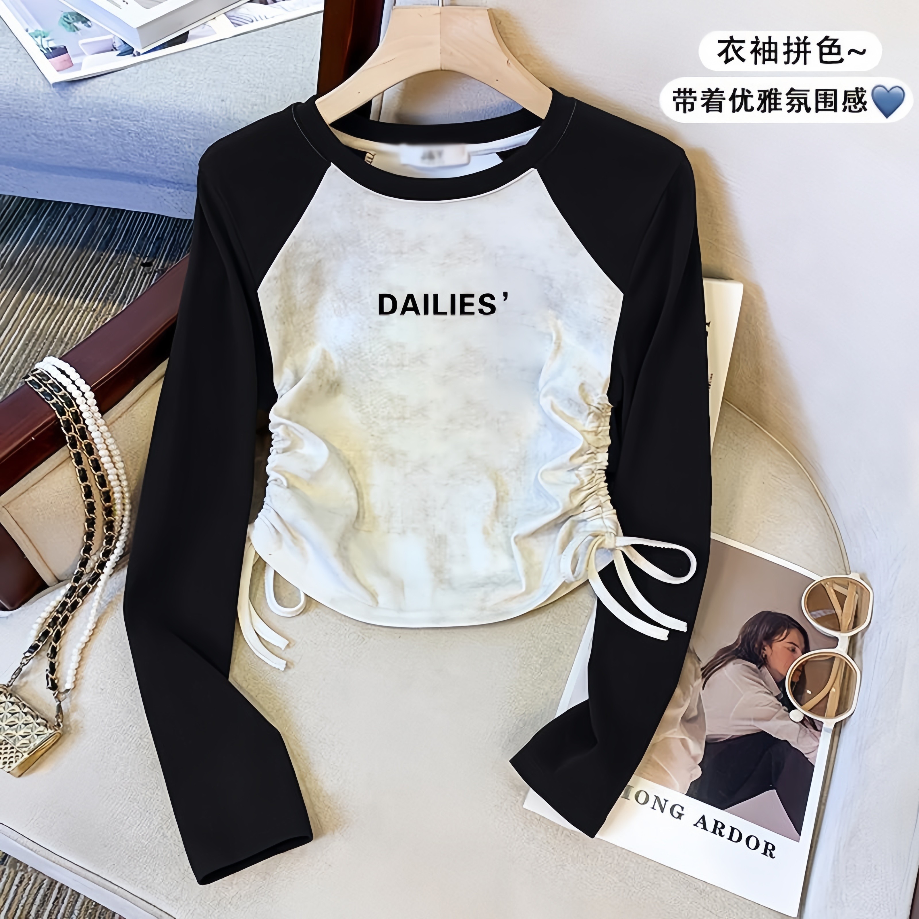 女童抽绳春秋季2025新款洋气打底长袖儿童纯棉T恤中大童短款上衣