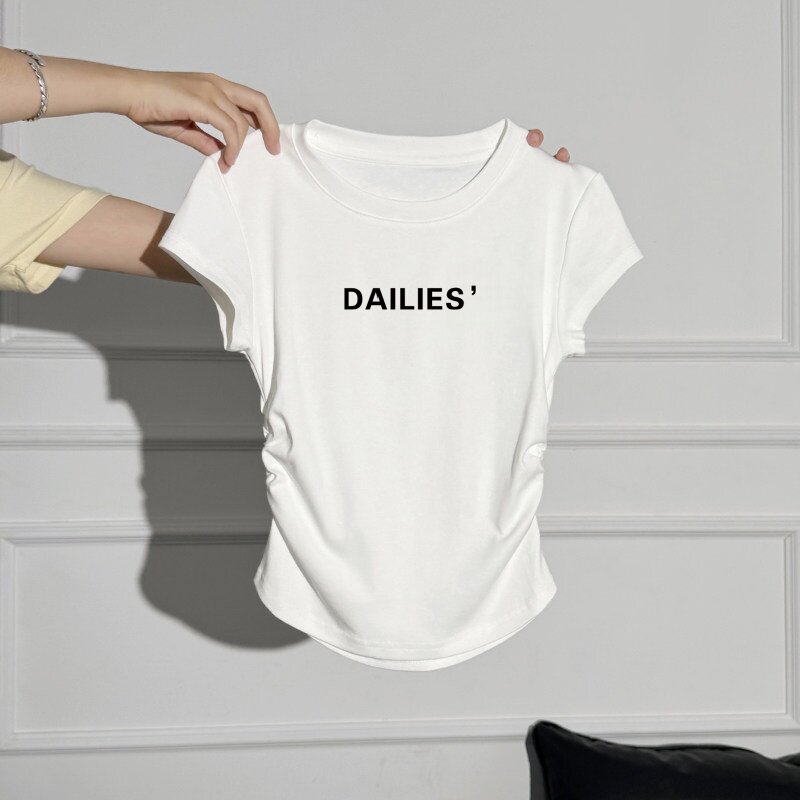 纯棉女童T恤褶皱收腰短款中大童短袖儿童圆领正肩夏季修身小上衣