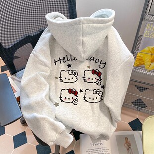 纯棉女童HelloKitty卫衣女秋冬加绒可爱洋气慵懒风连帽百搭上衣