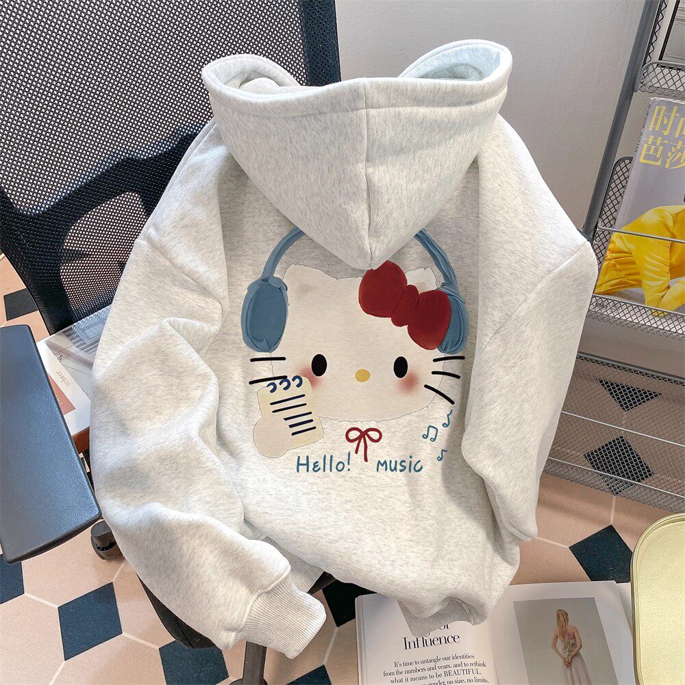 纯棉女童可爱Kitty猫连帽卫衣女秋冬季加绒宽松百搭加厚上衣外套