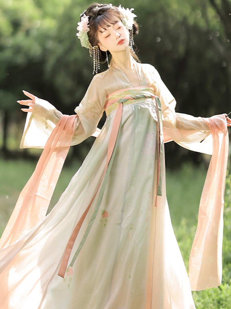 HAN AND TANG HUAYUN 원래 HANFU 여성 [SPRING WATER] 여름 데일리 스타일 자수 인쇄를위한 당나라 제작 가슴 길이 스커트