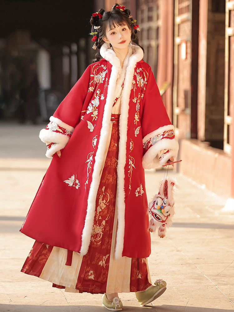 HAN AND TANG HUAYUN 원래 HANFU 여성 [HANJIANG SNOW] 송나라 더블 브레스트 플러스 벨벳과 두꺼운 후드 긴 수염 주름 스커트