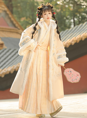 汉唐华韵原创汉服女【寒江雪】宋制对襟加绒加厚连帽长褙子褶裙