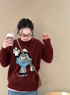 太平鸟女装2025冬新款COOK联名主题纹样套衫毛衣针织衫A3EEE442J