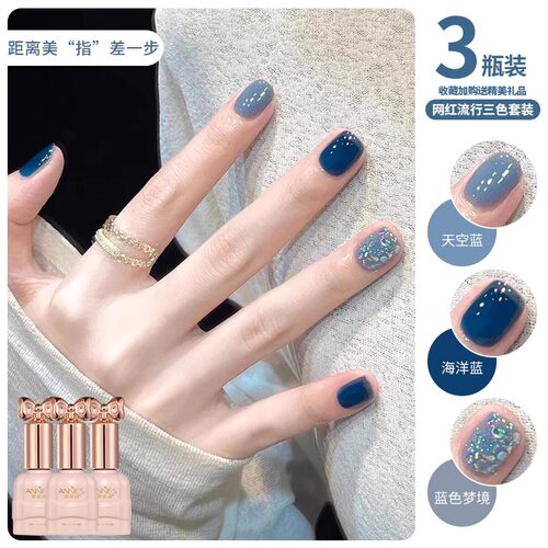蓝色美甲三色套装全套流行百搭色