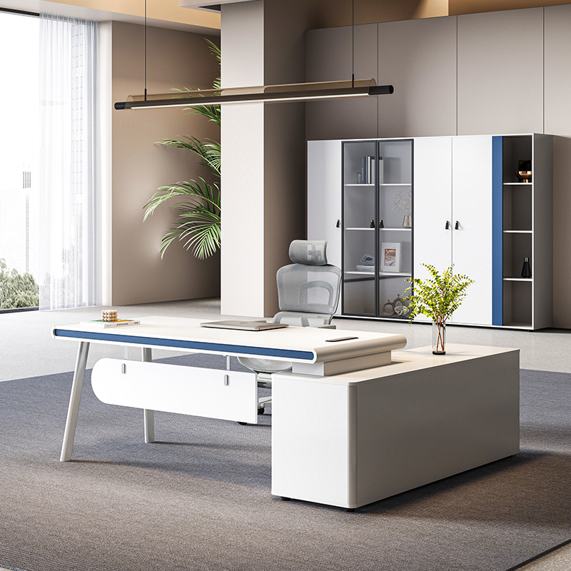 轻奢蓝白单人办公经理桌椅柜组合