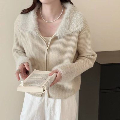 实拍韩版秋冬翻领毛衣女拼接毛毛长袖气质短款拉链针织开衫上衣