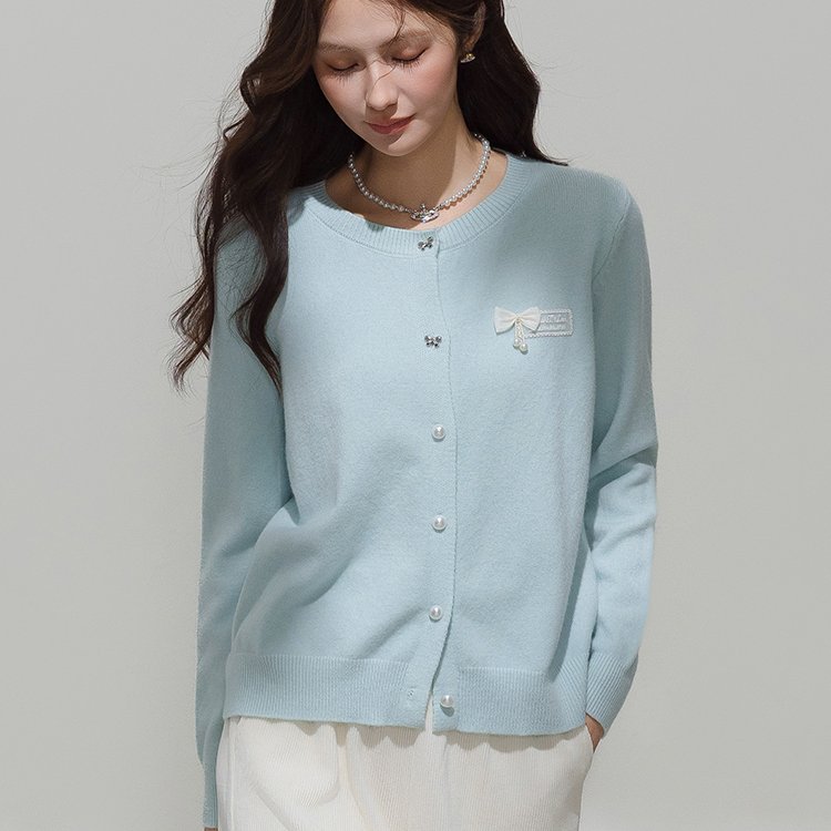 新款早秋针织开衫薄款甜美风蓝色圆领上衣外套秋季穿搭设计感毛衣