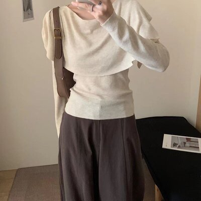 秋上新简约日常通勤气质针织衫和荡领披肩两件套套装韩版显瘦上衣