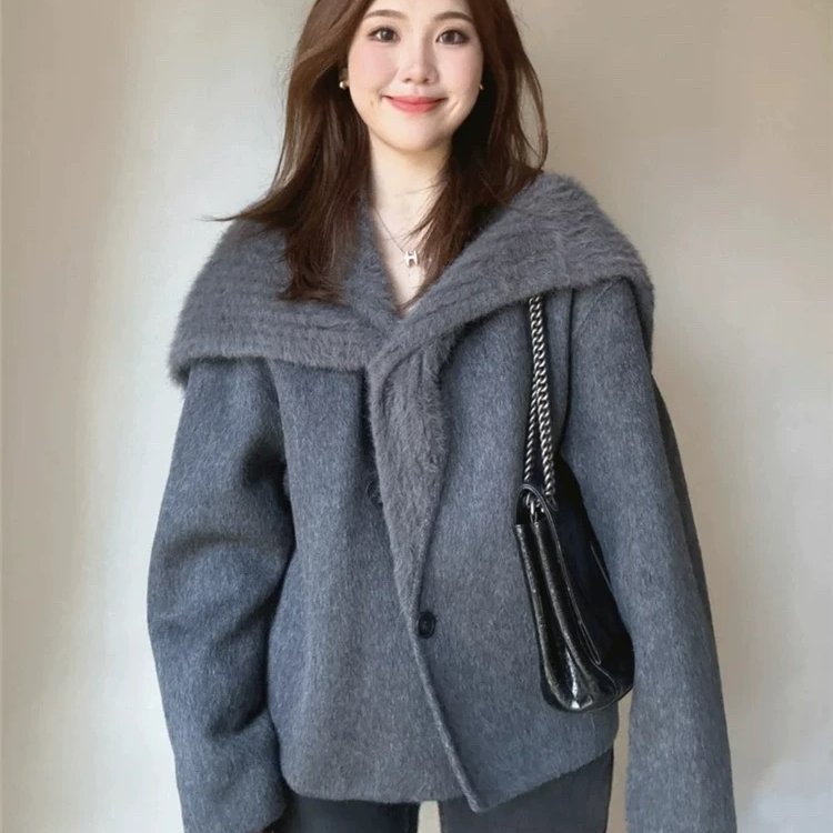 2024冬季羊绒大衣女新款针织领大翻领羊毛呢子大衣短款外套