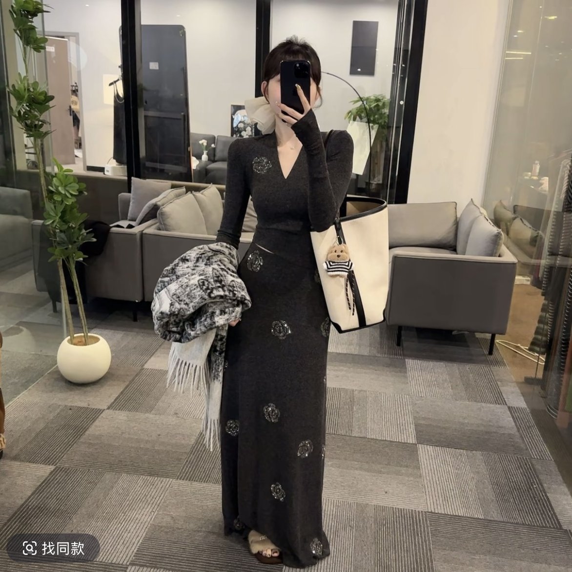 OS&oneshow2025冬款百搭时尚法式烫钻套装显瘦上衣轻熟风长裙