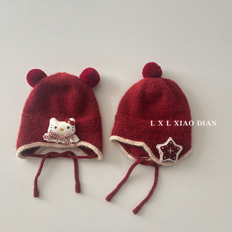 儿童护耳帽秋冬季新年复古酒红系带保暖帽子男童女宝宝双层保暖帽