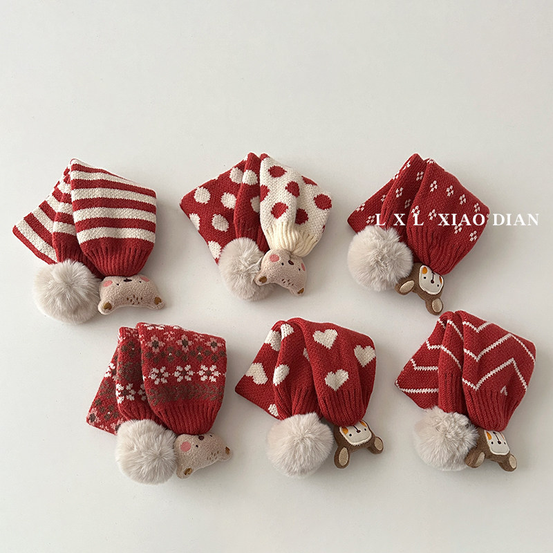 红色喜庆儿童围巾洋气大毛球交叉针织脖套男童女宝宝户外保暖护颈,童装/婴儿装/亲子装,围巾,淘宝优惠券,粉丝福利购,淘宝优惠卷