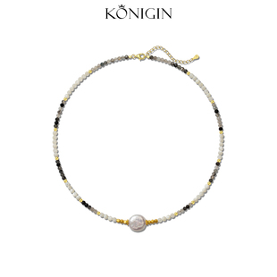 Konigin天然巴洛克珍珠项链女高级感黑发晶串珠锁骨链925纯银颈链