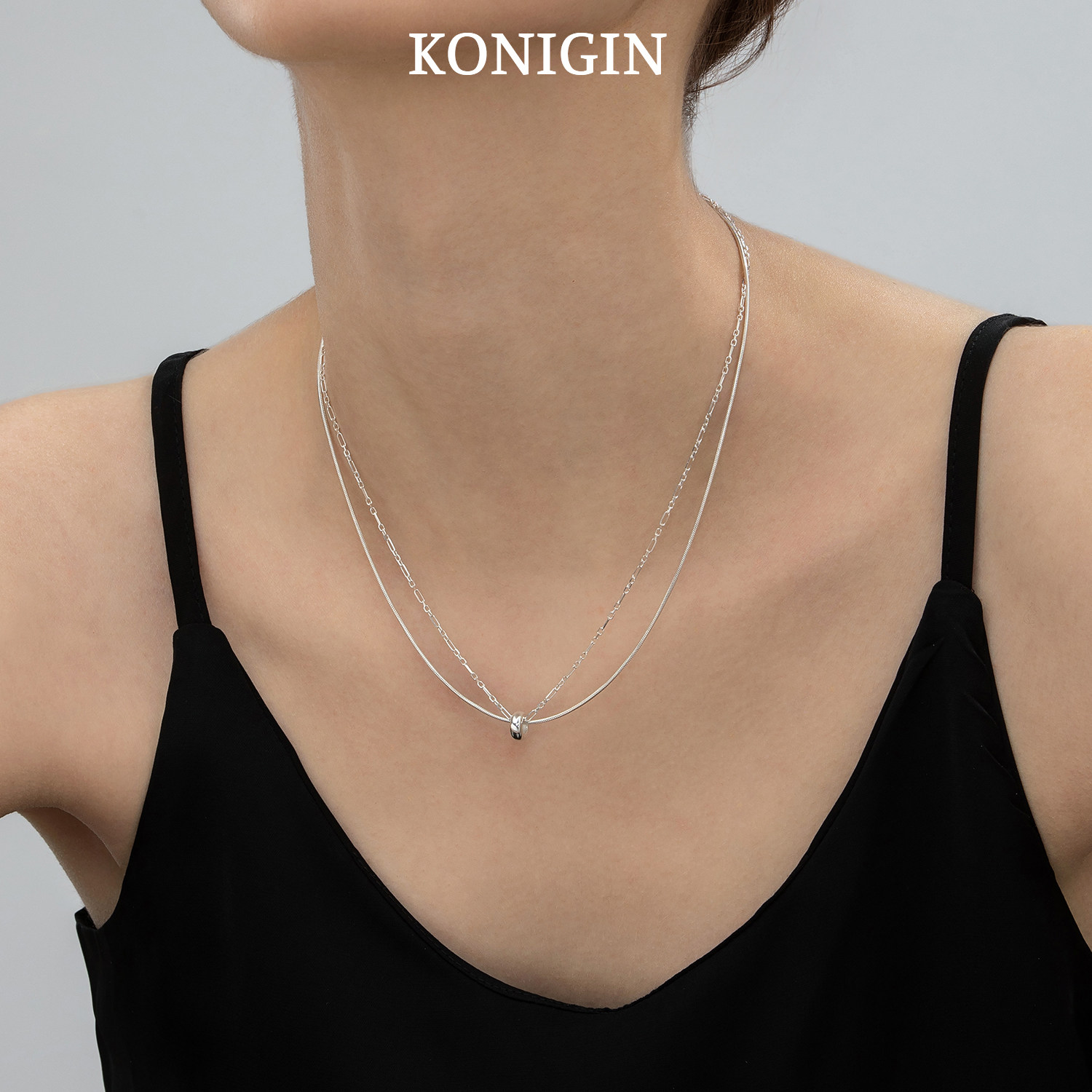 Konigin925纯银转运珠圆环项链女简约冷淡风双层叠戴锁骨链颈链潮